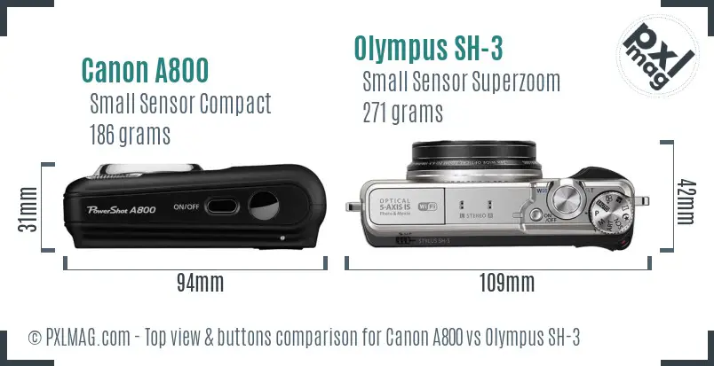 Canon A800 vs Olympus SH-3 top view buttons comparison