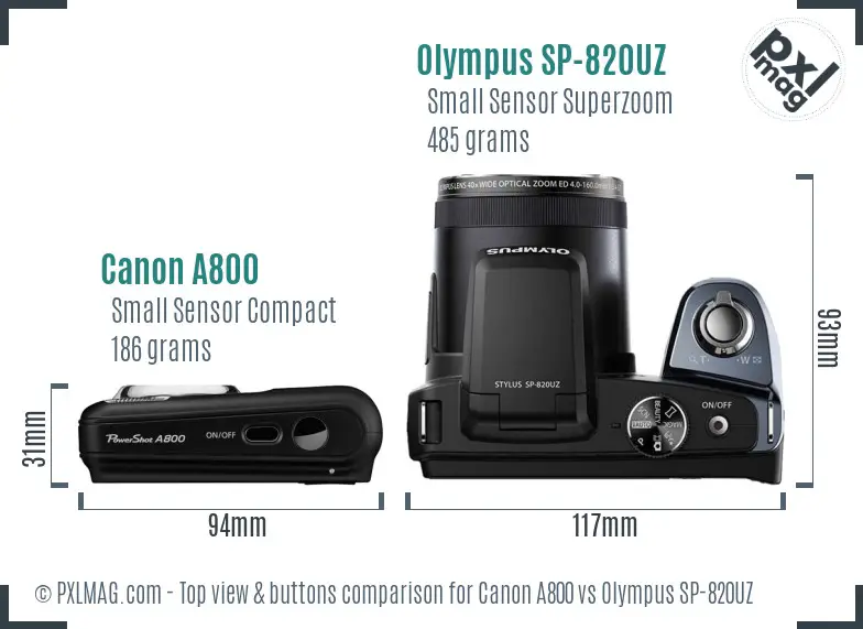 Canon A800 vs Olympus SP-820UZ top view buttons comparison