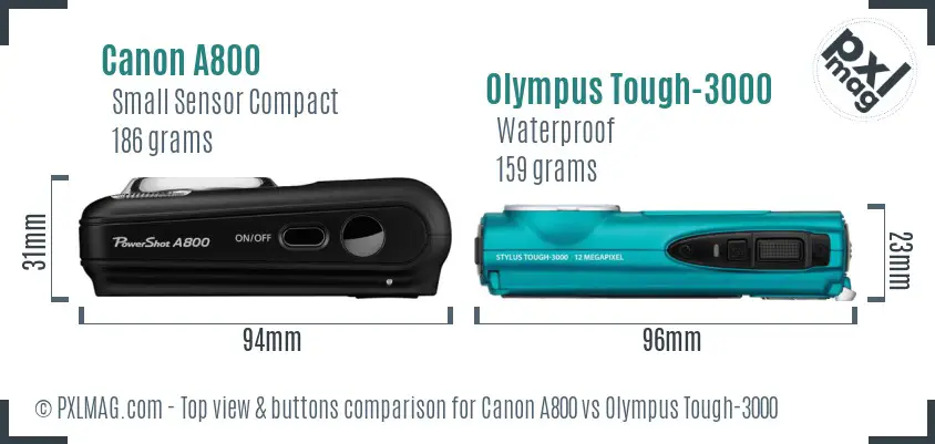 Canon A800 vs Olympus Tough-3000 top view buttons comparison Canon A800 vs Olympus Tough-3000 top view buttons comparison