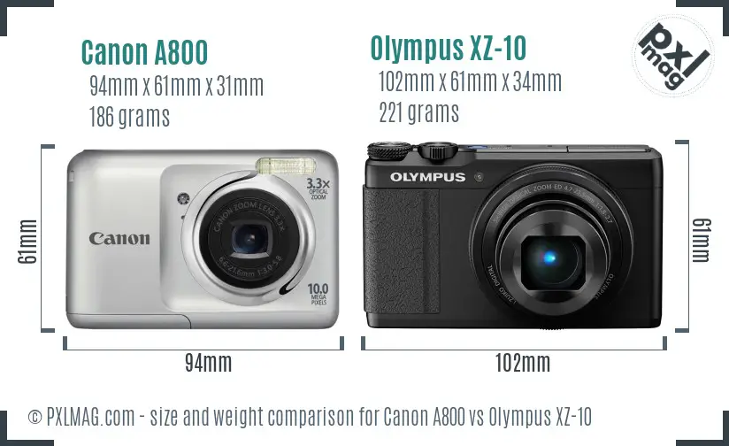 Canon A800 vs Olympus XZ-10 size comparison