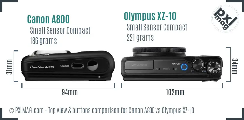 Canon A800 vs Olympus XZ-10 top view buttons comparison