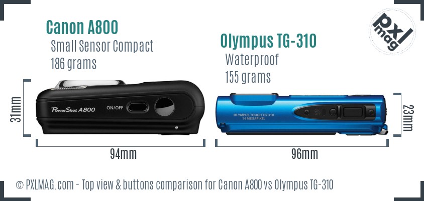 Canon A800 vs Olympus TG-310 top view buttons comparison
