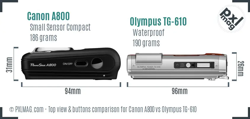 Canon A800 vs Olympus TG-610 top view buttons comparison Canon A800 vs Olympus TG-610 top view buttons comparison