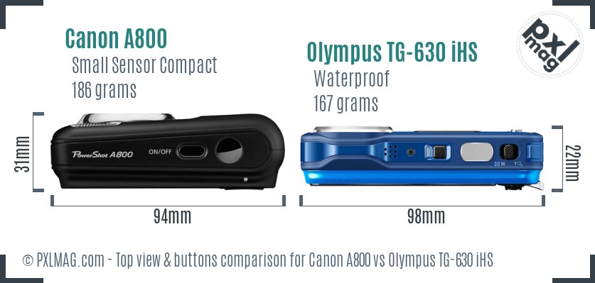 Canon A800 vs Olympus TG-630 iHS top view buttons comparison