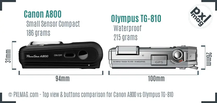 Canon A800 vs Olympus TG-810 top view buttons comparison