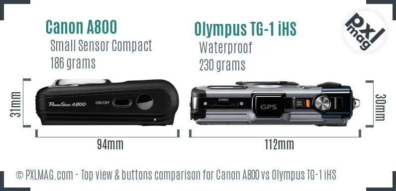 Canon A800 vs Olympus TG-1 iHS top view buttons comparison Canon A800 vs Olympus TG-1 iHS top view buttons comparison