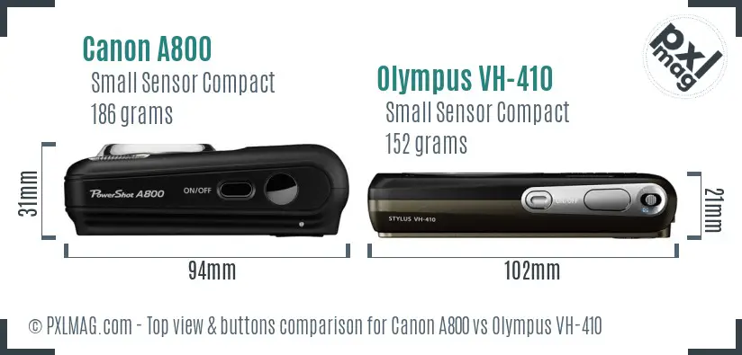 Canon A800 vs Olympus VH-410 top view buttons comparison
