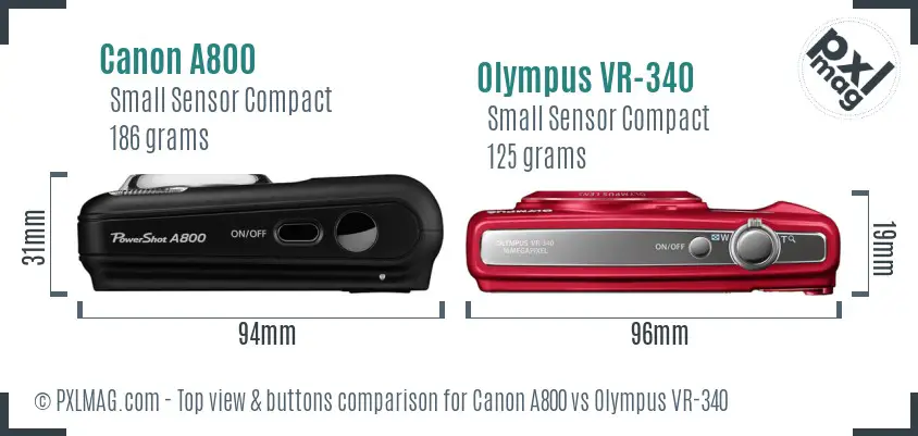 Canon A800 vs Olympus VR-340 top view buttons comparison Canon A800 vs Olympus VR-340 top view buttons comparison