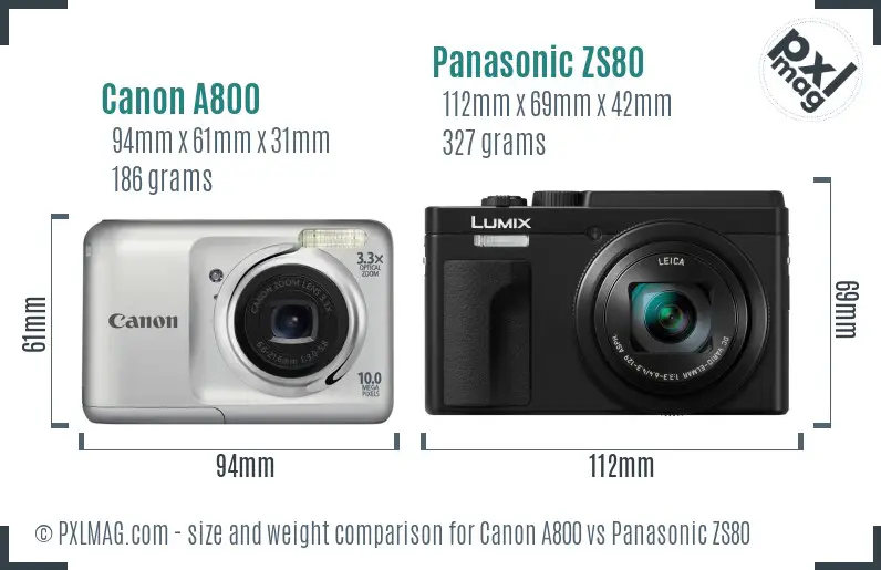 Canon A800 vs Panasonic ZS80 size comparison