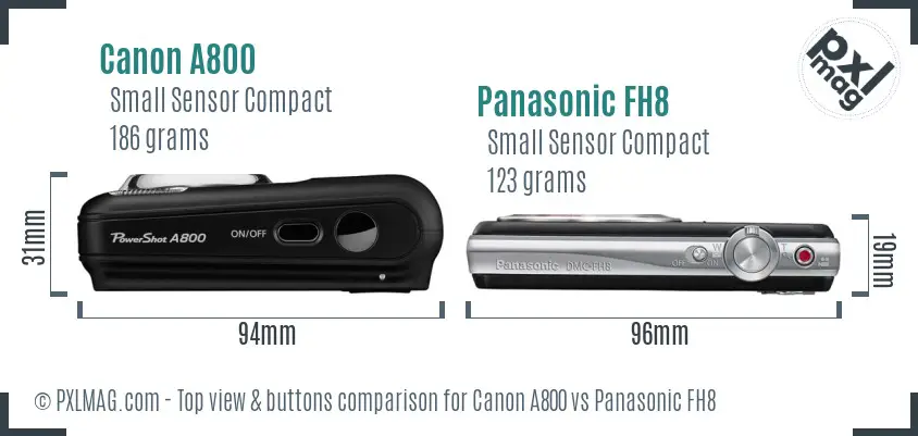 Canon A800 vs Panasonic FH8 top view buttons comparison Canon A800 vs Panasonic FH8 top view buttons comparison
