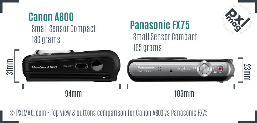 Canon A800 vs Panasonic FX75 top view buttons comparison