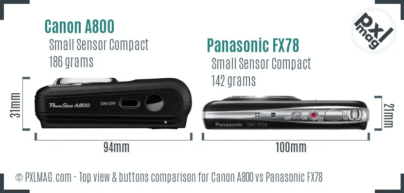 Canon A800 vs Panasonic FX78 top view buttons comparison