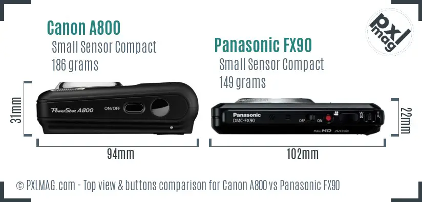 Canon A800 vs Panasonic FX90 top view buttons comparison