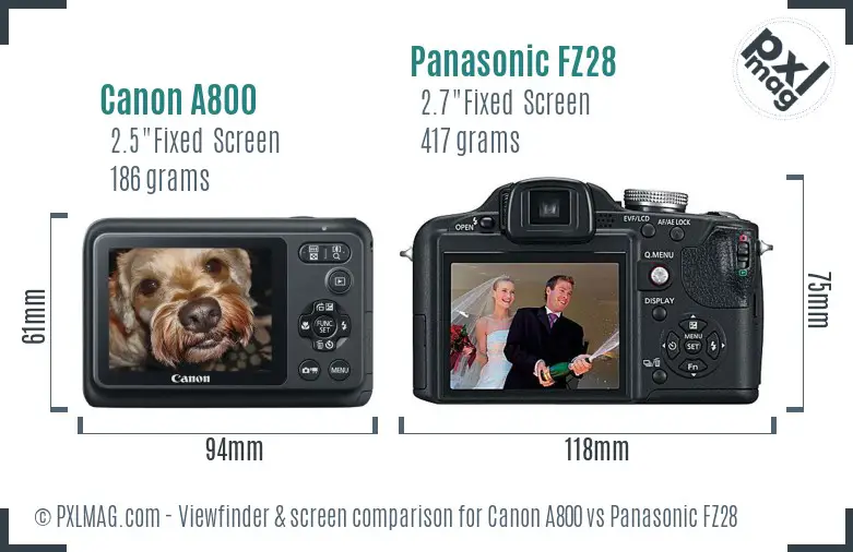 Canon A800 vs Panasonic FZ28 Screen and Viewfinder comparison
