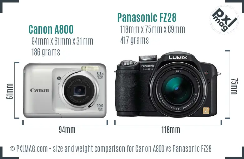 Canon A800 vs Panasonic FZ28 size comparison