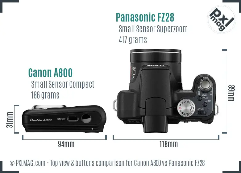 Canon A800 vs Panasonic FZ28 top view buttons comparison