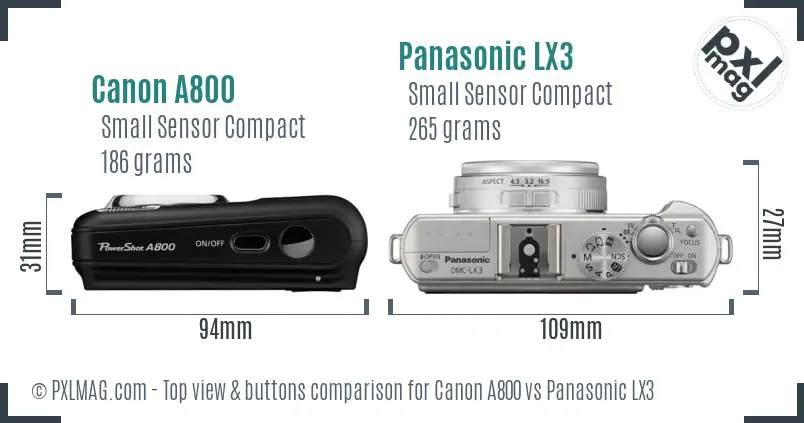 Canon A800 vs Panasonic LX3 top view buttons comparison Canon A800 vs Panasonic LX3 top view buttons comparison
