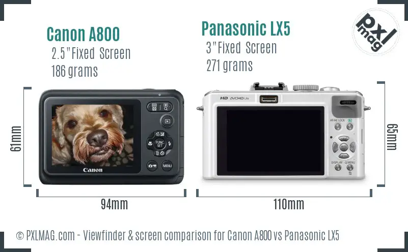 Canon A800 vs Panasonic LX5 Screen and Viewfinder comparison