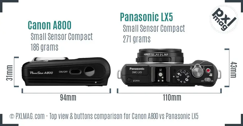 Canon A800 vs Panasonic LX5 top view buttons comparison