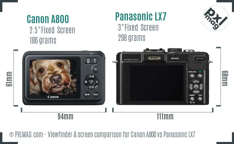 Canon A800 vs Panasonic LX7 Screen and Viewfinder comparison