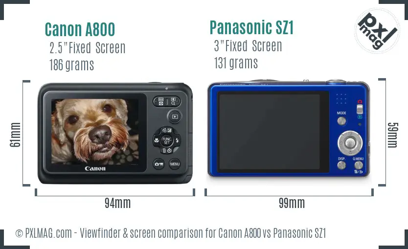 Canon A800 vs Panasonic SZ1 Screen and Viewfinder comparison
