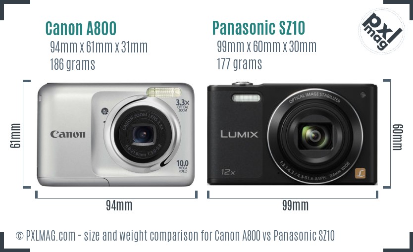 Canon A800 vs Panasonic SZ10 size comparison