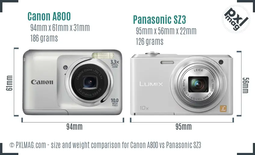 Canon A800 vs Panasonic SZ3 size comparison