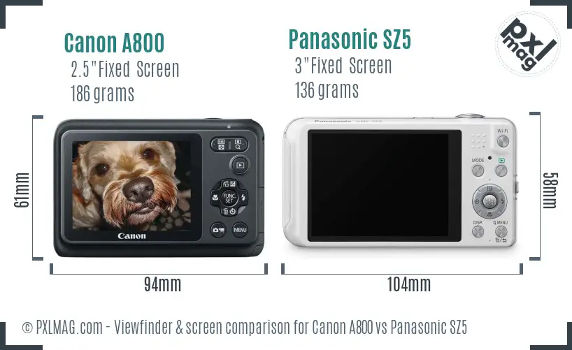 Canon A800 vs Panasonic SZ5 Screen and Viewfinder comparison