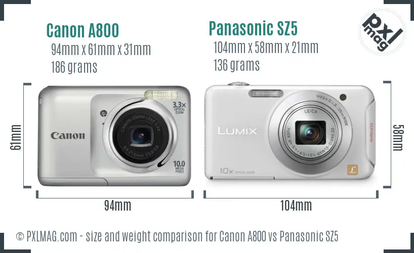 Canon A800 vs Panasonic SZ5 size comparison