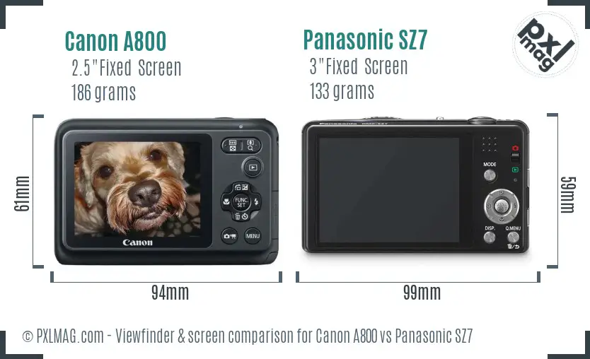 Canon A800 vs Panasonic SZ7 Screen and Viewfinder comparison