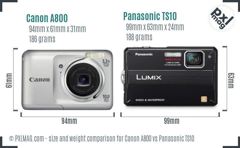 Canon A800 vs Panasonic TS10 size comparison