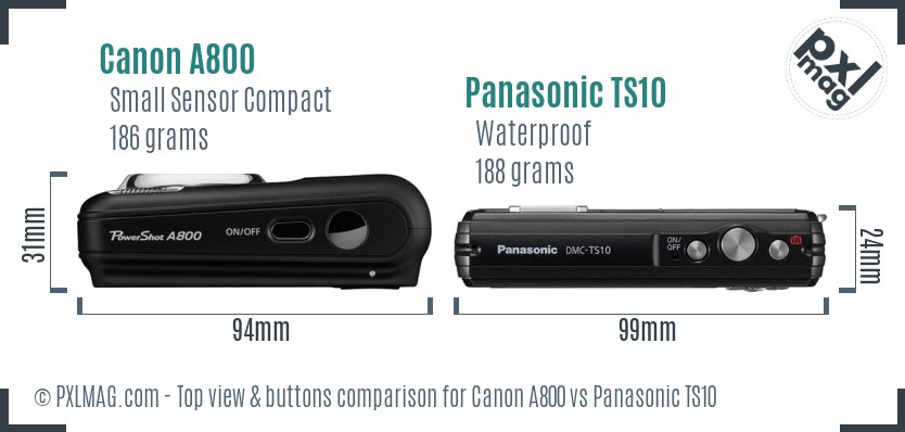 Canon A800 vs Panasonic TS10 top view buttons comparison