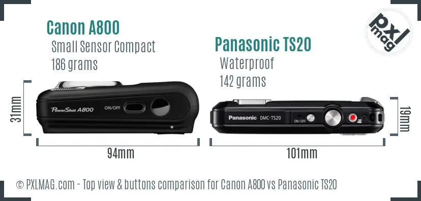 Canon A800 vs Panasonic TS20 top view buttons comparison Canon A800 vs Panasonic TS20 top view buttons comparison