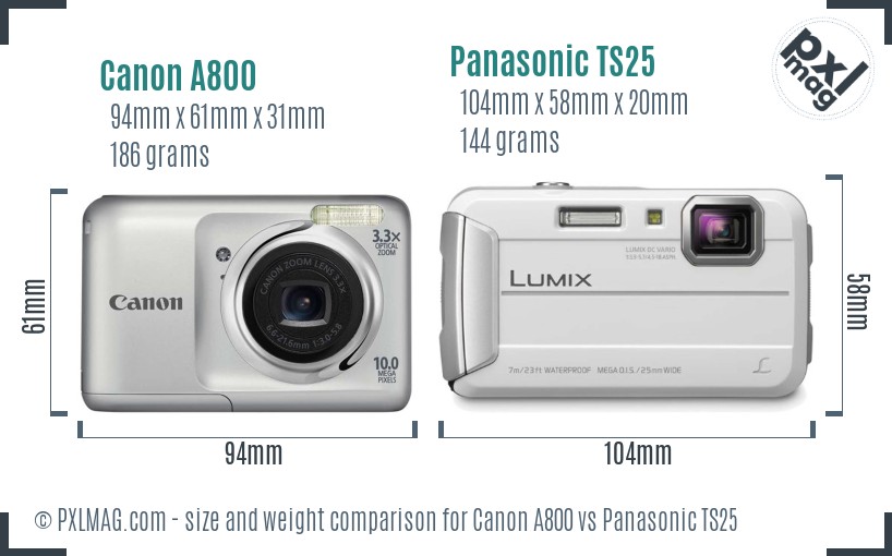 Canon A800 vs Panasonic TS25 size comparison