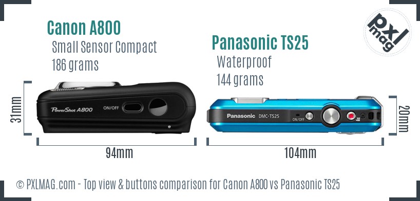 Canon A800 vs Panasonic TS25 top view buttons comparison
