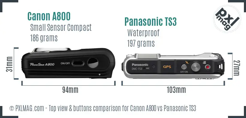 Canon A800 vs Panasonic TS3 top view buttons comparison Canon A800 vs Panasonic TS3 top view buttons comparison