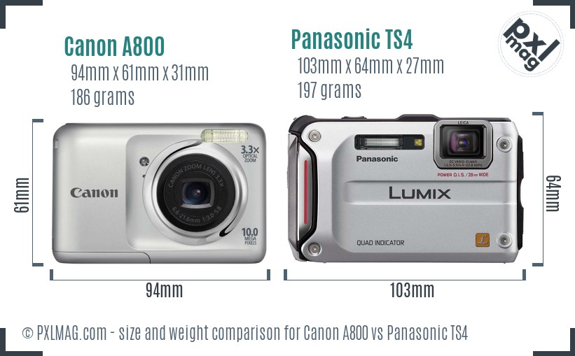 Canon A800 vs Panasonic TS4 size comparison