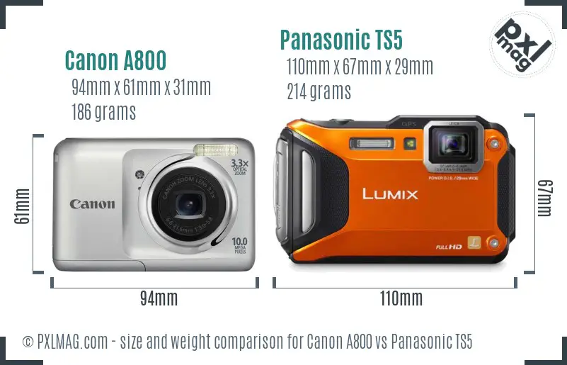 Canon A800 vs Panasonic TS5 size comparison