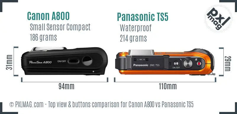 Canon A800 vs Panasonic TS5 top view buttons comparison