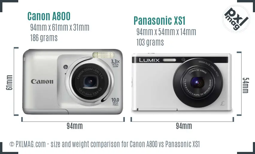 Canon A800 vs Panasonic XS1 size comparison