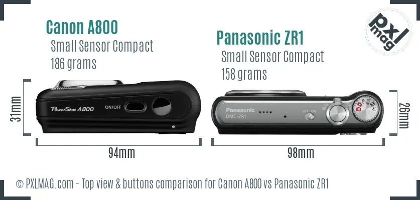 Canon A800 vs Panasonic ZR1 top view buttons comparison Canon A800 vs Panasonic ZR1 top view buttons comparison