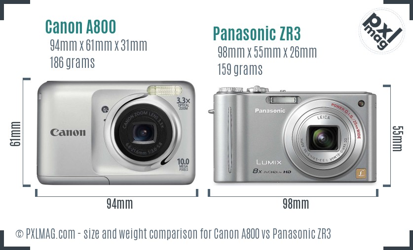 Canon A800 vs Panasonic ZR3 size comparison