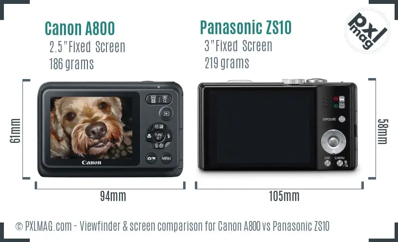 Canon A800 vs Panasonic ZS10 Screen and Viewfinder comparison