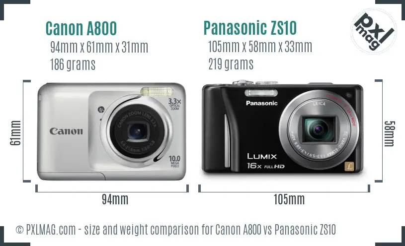Canon A800 vs Panasonic ZS10 size comparison