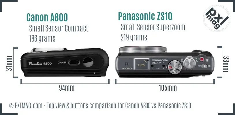 Canon A800 vs Panasonic ZS10 top view buttons comparison