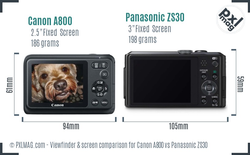 Canon A800 vs Panasonic ZS30 Screen and Viewfinder comparison