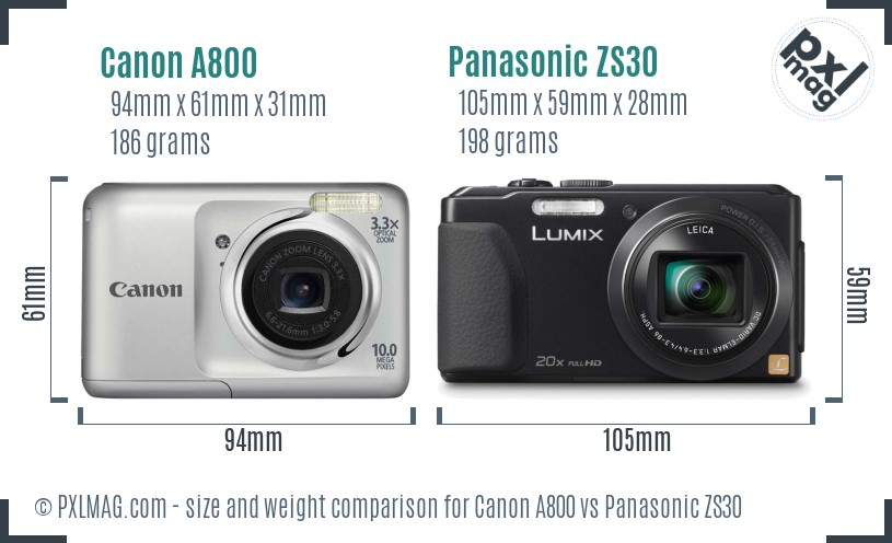Canon A800 vs Panasonic ZS30 size comparison