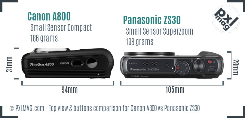 Canon A800 vs Panasonic ZS30 top view buttons comparison