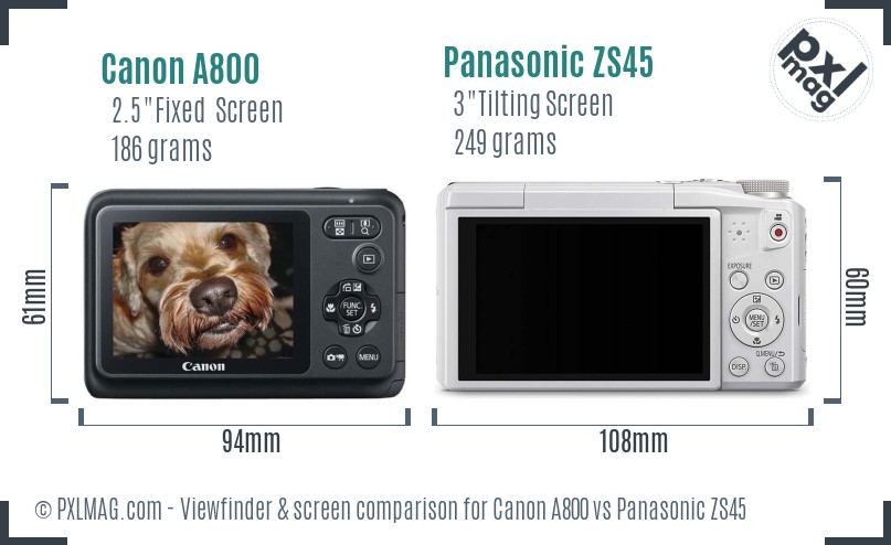 Canon A800 vs Panasonic ZS45 Screen and Viewfinder comparison