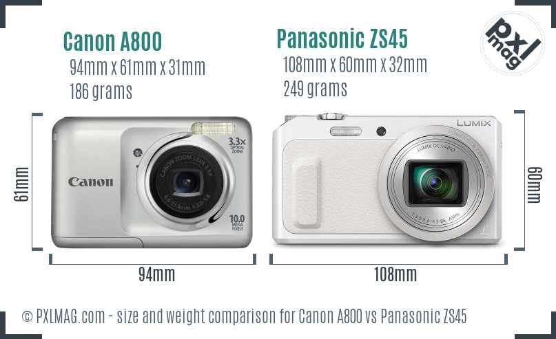 Canon A800 vs Panasonic ZS45 size comparison